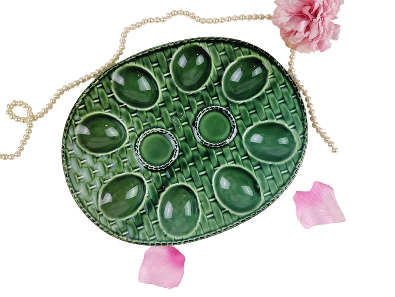 Devilled Egg Plate Green Basket Weave Oval Serving Plate Made in Japan Serving Dish Plates Home