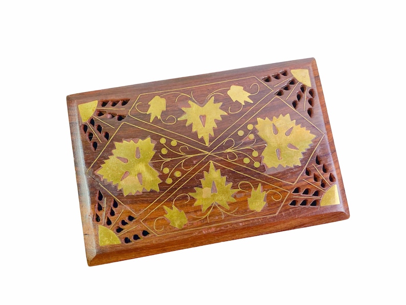Handmade Jewelry Box Keepsake Box Pierced Wooden Trinket Box with Inlaid Brass