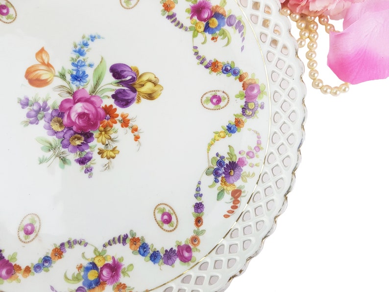 Made in Germany Filigree Plate Shabby Chic Reticulated Plate Ornate Schumann Decor Plate with Lots of Colorful Flowers