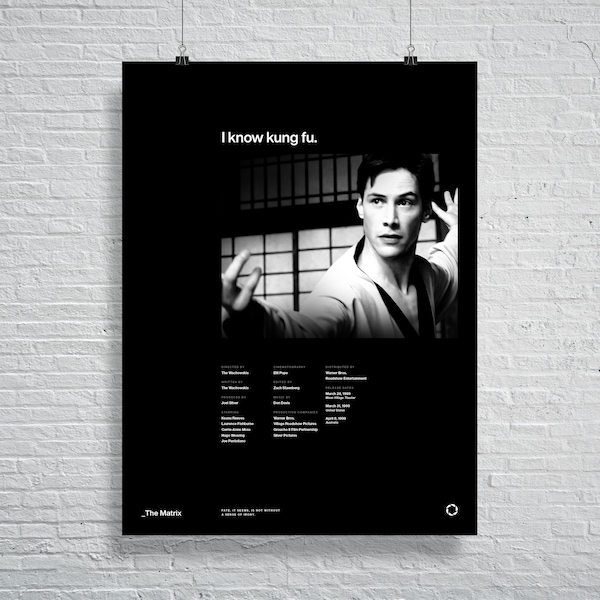 I know kung fu, The Matrix, Keanu Reeves, 90s Movie Poster Helvetica, Typographic, Graphic Design, UX/UI Print, John Wick