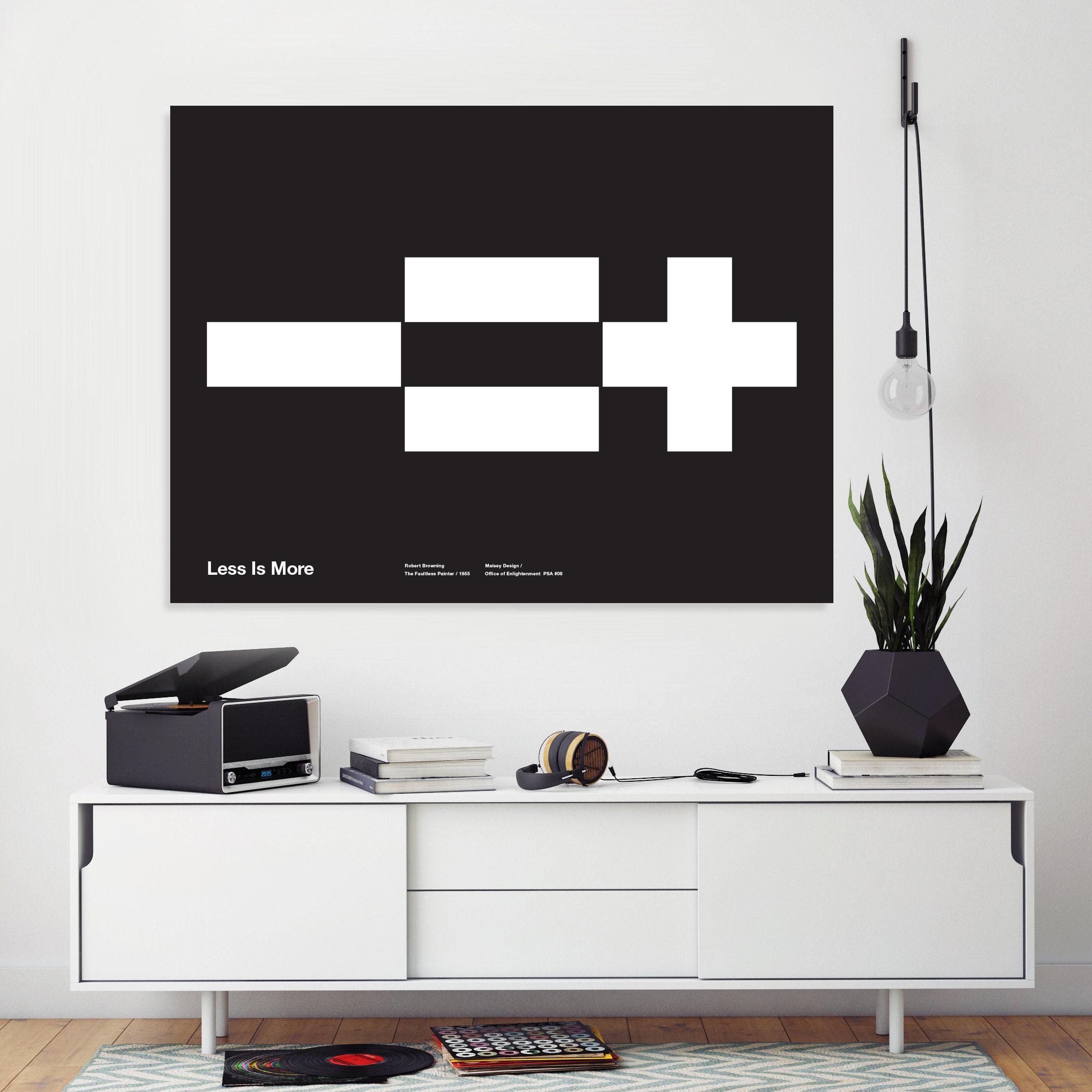 Less is More Poster, Black, Math Icons, Helvetica, Typographic