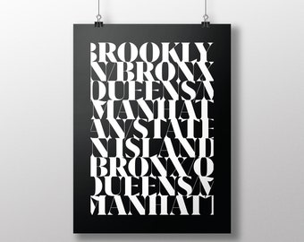 Brooklyn Bronx Queen Manhattan Staten Island NYC  New York City, Typographic, Beastie Boys Quote, Hip Hop, Modern Art, Print, Interior Decor