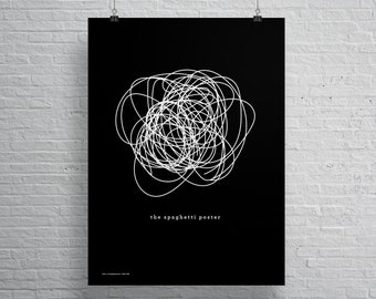 May include: A black and white poster with a white abstract design resembling a tangled ball of yarn. The text "the spaghetti poster" is printed in white at the bottom of the poster.