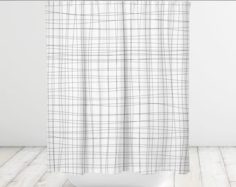 Black and White Organic Grid Lines Shower Curtain, Bath Curtain, Bathtub Curtain
