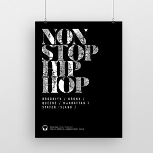 Non Stop Hip Hop NYC Map Poster, Rap, R & B, Muziek, Helvetica, Typografisch, Grafisch Ontwerp, Quote, Brooklyn, Bronx, Queens, Manhattan, Staten