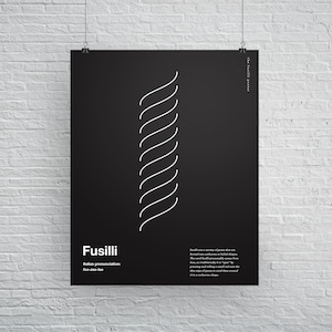 May include: A black and white poster with a graphic illustration of fusilli pasta. The text on the poster reads "Fusilli" and "Italian pronunciation: foo-zee-lee". The poster also includes a description of fusilli pasta.