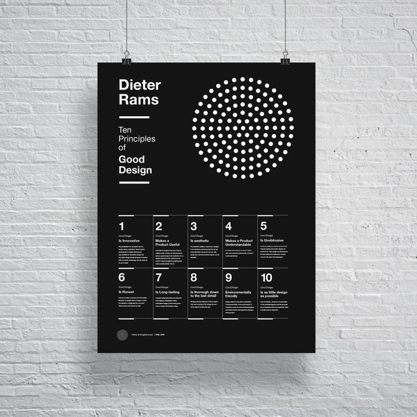 Dieter Rams, 10 Principles of Good Design Poster, Helvetica, Typografisch, Produktdesign, Schwarzweiß, Moderne Kunst, Print, Architektur