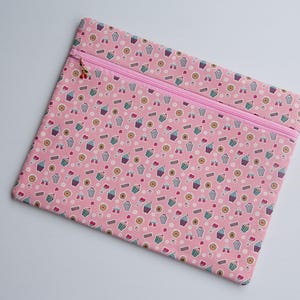 May include: Pink zippered pouch with a repeating pattern of cupcakes, cherries, and donuts. The zipper is pink with a cherry charm. The pouch is likely made of fabric and is rectangular in shape.