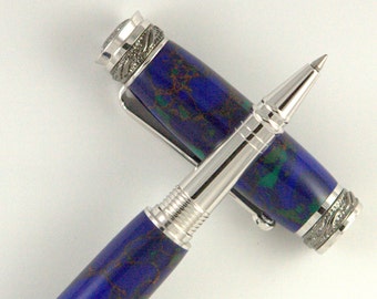 Azurite Malachite TruStone Majestic Jr Black TN/Rhodium Fountain or Rollerball Pen