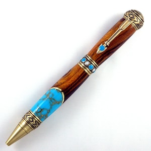 Segmented Desert Ironwood and Turquoise TruStone with Brass Accent Band Southwest Twist Pen