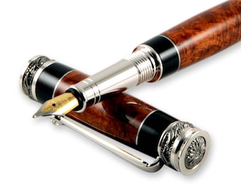 Amboyna Burl & African Ebony with STERLING SILVER Inlay Majestic Jr Black Titanium/Rhodium Fountain or Rollerball Pen