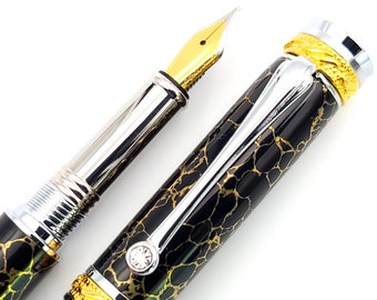 Black with Gold Matrix TruStone Majestic Jr 22kt Gold and Rhodium Fountain or Rollerball Pen