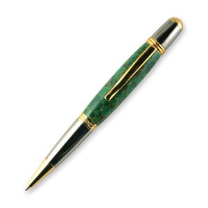 May include: A green and gold pen with a silver metal body and a gold clip. The pen has a green and gold marbled pattern.