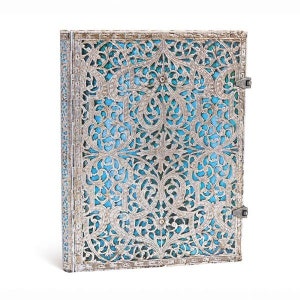 May include: A blue and silver patterned journal with a decorative metal clasp. The journal has a detailed design of intricate floral patterns.