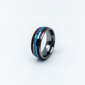8mm, Tungsten with Koa wood  & Opal ring