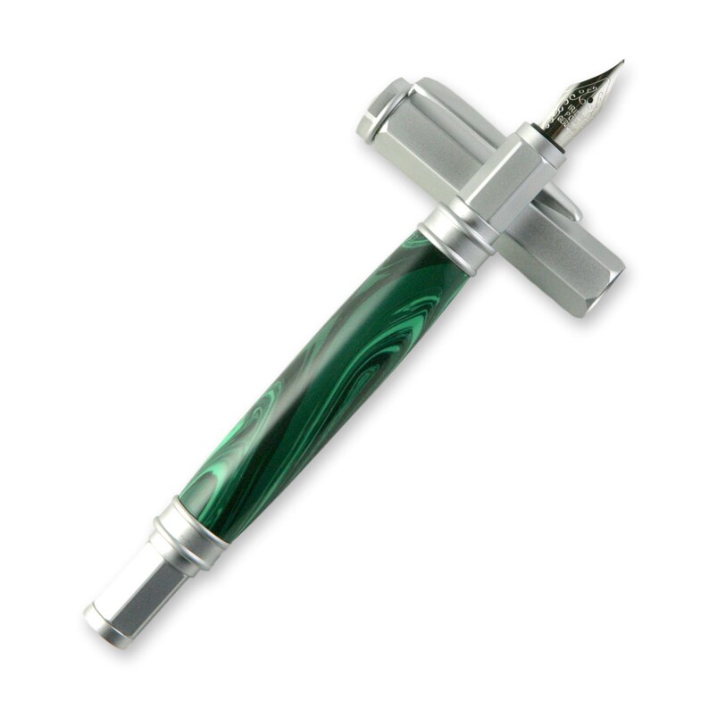 Malachite TruStone Magnetic Vertex Brushed Satin Fountain or Rollerball Pen image 3