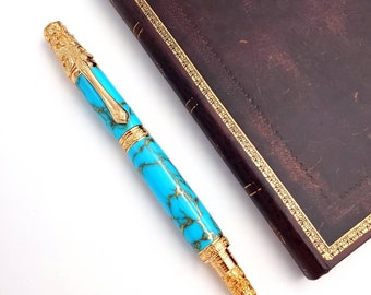 Pluma estilográfica o rollerball TruStone Victorian de oro de 24 kt con matriz de turquesa y oro
