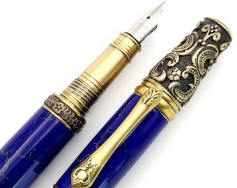 Pluma estilográfica o rollerball de latón envejecido victoriano TruStone de lapislázuli oscuro