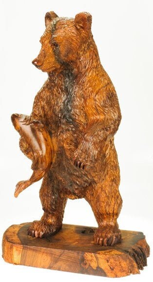 Desert Ironwood Grizzly Bear standing with fish carving