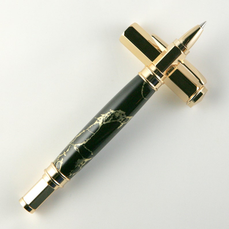 Black with Gold Matrix TruStone Magnetic Vertex 24kt Gold Rollerball Pen image 1