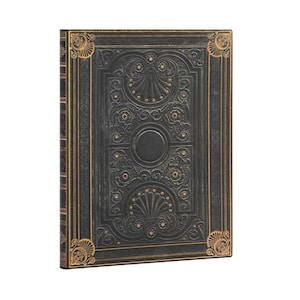 May include: A black leather-bound journal with gold accents and an intricate design. The cover features a repeating pattern of floral motifs and a central circle.