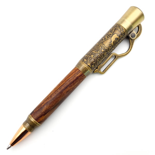 Desert Ironwood Lever Action Ballpoint Pen in Antique Brass