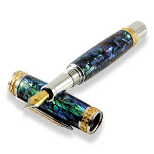 Premium Abalone Shell Rhodium & 22K Gold Wellington Fountain or Rollerball Pen with Glass Display Box