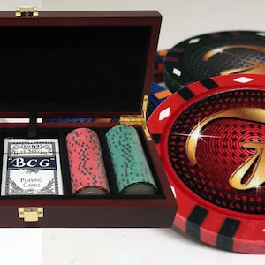 Personalized Poker Chip Set: Mahogany Case, Monogrammed Clay Chips