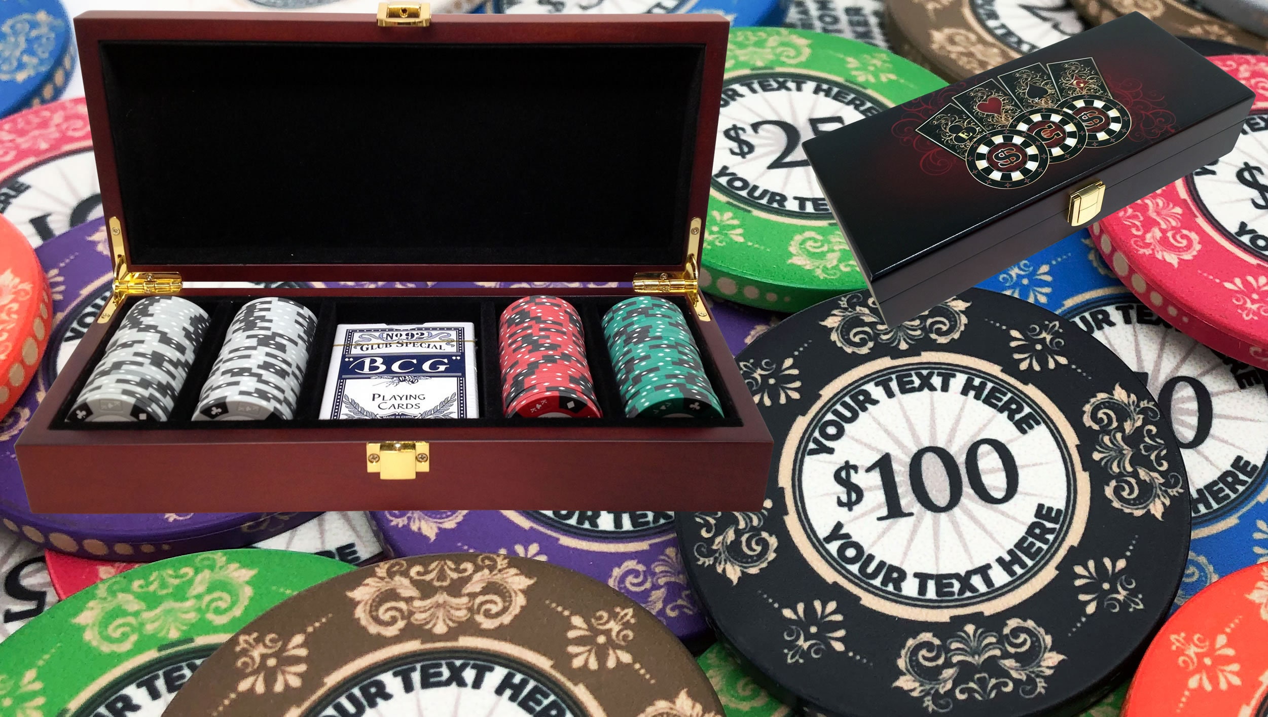 200 Mahogany Luxury Casino Clay Poker Chip Set