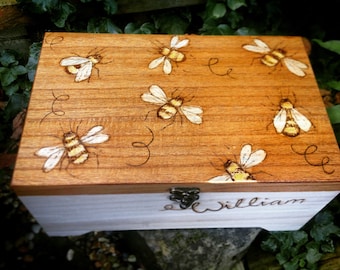 Personalised Boys Christening Gift - Baptism Box - Dark Wood Box - Bee Box - Wedding gift- Insert box - Boys Present - Unisex Memory Box