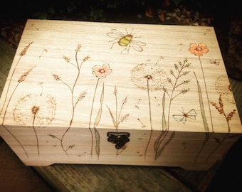 Meadow personalised keepsake memory box, floral design, hinged lid large wooden box, jewellery box, bespoke box