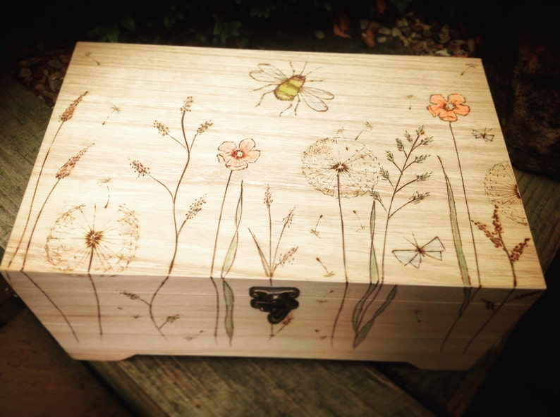 Meadow personalised keepsake memory box, floral design, hinged lid large wooden box, jewellery box, bespoke box 