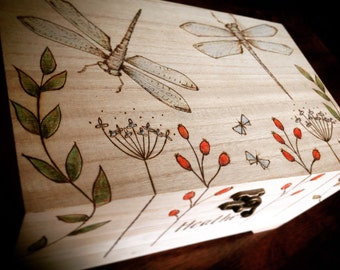 Jewellery dragonfly compartment storage box, anniversary mum gift, large wooden box, dragonfly art case, hinged lid