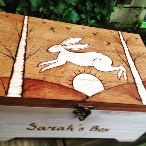 Personalised Compartment Box - Hare Gift - Essential Oil Storage Case - Art Box - Hippie Gift - Leaping Hare - Dark wood Box - Eco Gift -