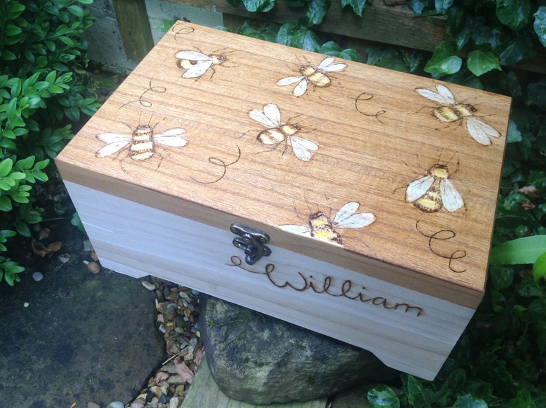 Personalised Boys Christening Gift Baptism Box Dark Wood Box Bee Box Wedding gift Insert box Boys Present Unisex Memory Box image 3