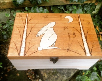 Essential oil compartment storage box, moon gazing hare, hippie box, pagan gift, dark wood box