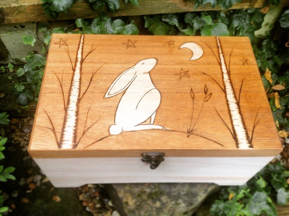 Pyrography Moon Hare Keepsake Box: Essential Oil Storage, Pagan Gift