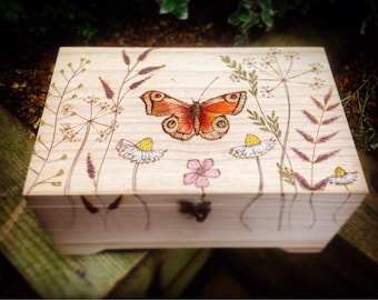 Handmade Butterfly Keepsake Box: Pyrography Art, Wood Storage