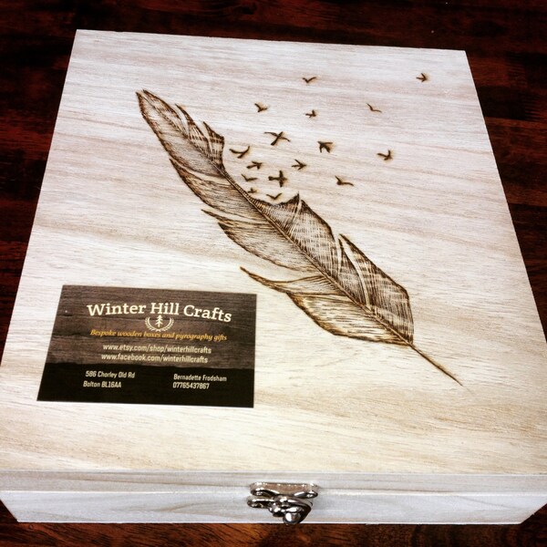 Large memory box, keepsake box, feathers, bereavement gift, personalised gift, in loving memory, spiritual gift, pyrography