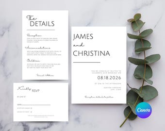 Minimalist Wedding Invitation Set | Editable Canva Template | Printable Invite, Details & RSVP Cards | Digital Download