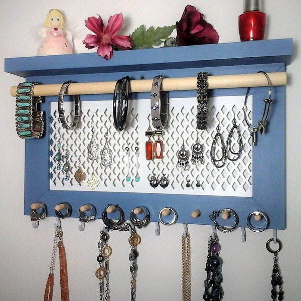 Jewelry Organizer Wall Necklace Hanger, Earring Holder, Ring and Bracelet Holder. You Pick a Color & Style! Jewlery Display Rack with Shelf.