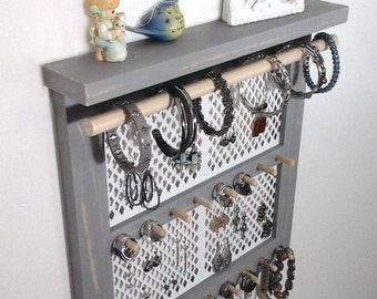 Jewelry Organizer Wall Earring Holder, Necklace Hanger, Ring Holder, Bangle Bracelet Holder. Wall Mounted Jewlery Hanger with Display Shelf.