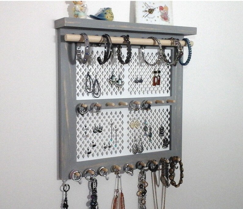Large Jewelry Organizer Earring Holder Wall Necklace Hanger Ring Bangle Bracelet Mounted Storage Shelf Display Rack