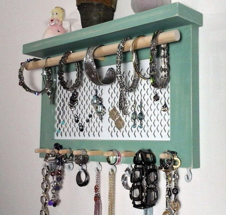 Jewelry Organizer Necklace Holder Wall Hanger With Shelf Earring Ring Bracelet Bar You Pick A Color Style