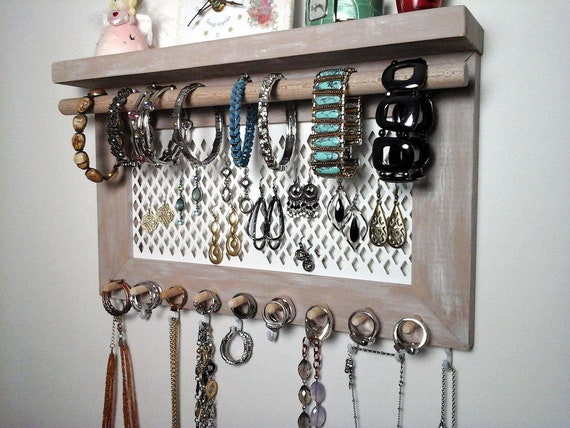 Necklace holder With Shelf, Gray Jewelry Organizer, Bracelet and Earring  Holder