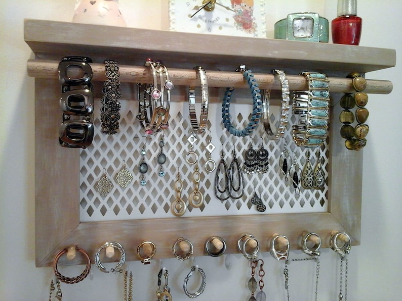 Jewelry Organizer Wall Mount Necklace Bracelet Ring Earring Holder. All in One Wall Hanging Jewelry Organizer Display. Unique One of a Kind! 