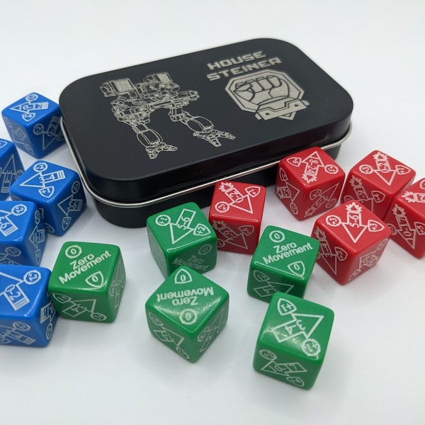 Battletech Movement Dice with Collector Tin ... track modifiers/penalties easily with colour coded dice! Opaque or Clear!