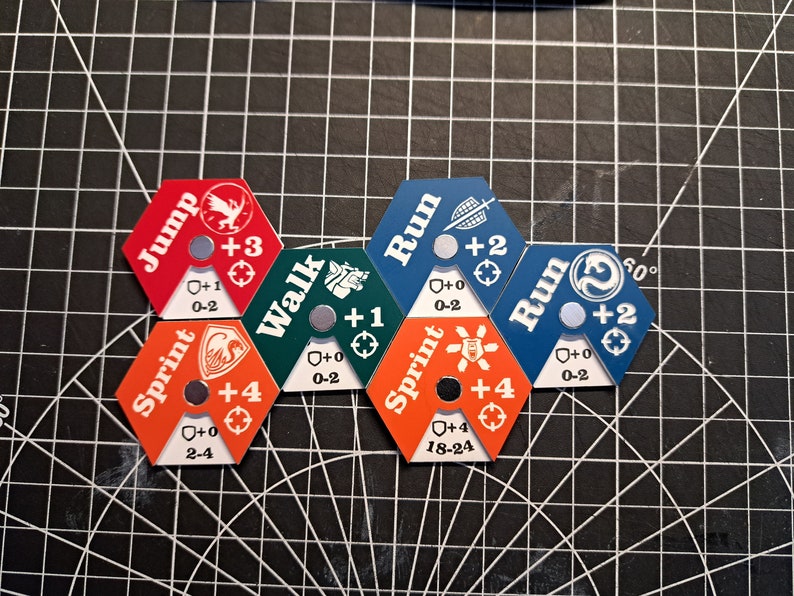 Pode incluir: Seis pe&ccedil;as de jogo hexagonais com diferentes op&ccedil;&otilde;es de movimento: Salto, Sprint, Caminhada, Corrida, Sprint, Corrida. Cada pe&ccedil;a tem um &iacute;cone e valores num&eacute;ricos diferentes. As pe&ccedil;as est&atilde;o dispostas em c&iacute;rculo.