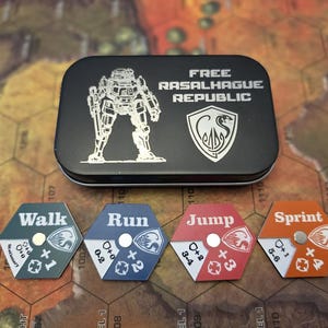 Battlemecha Movement Tokens &quot;Full Set&quot; and Collector Tin... track modifiers/penalties easily with colour coded dials! Walk/Run/Jump/Sprint