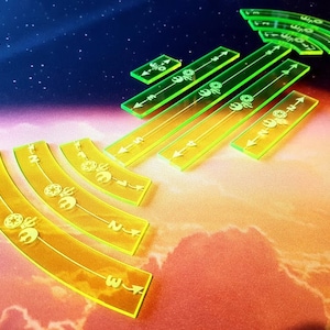 May include: A collection of neon green acrylic game pieces, including curved and straight rulers, with white symbols and directional arrows. The pieces are arranged on a gradient background of purple, blue, and orange.